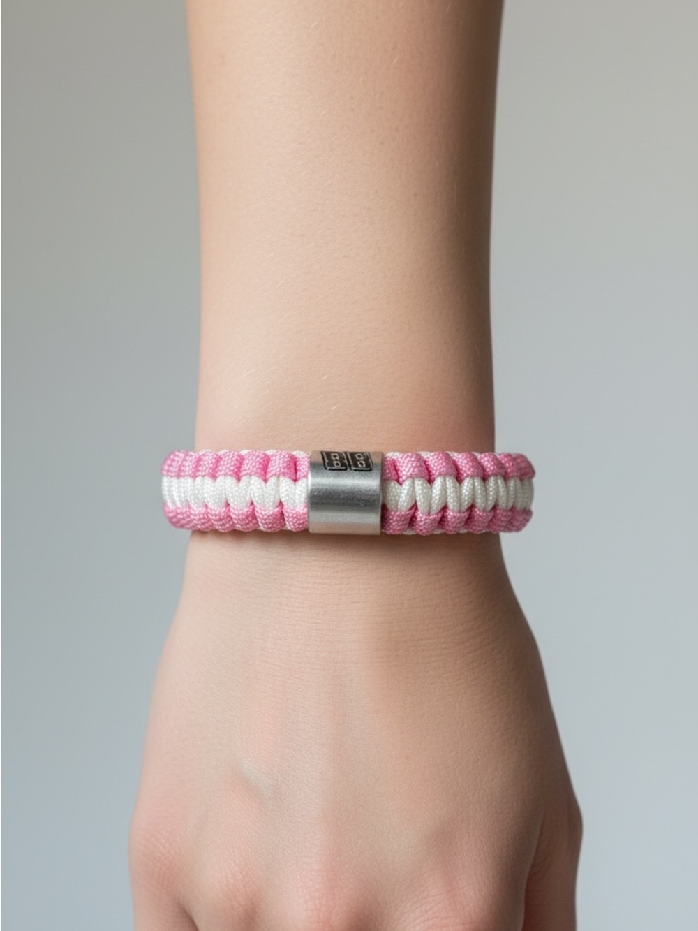 10/4 Nascar Pink and White Braided Cord Bracelet with Silver Clasp